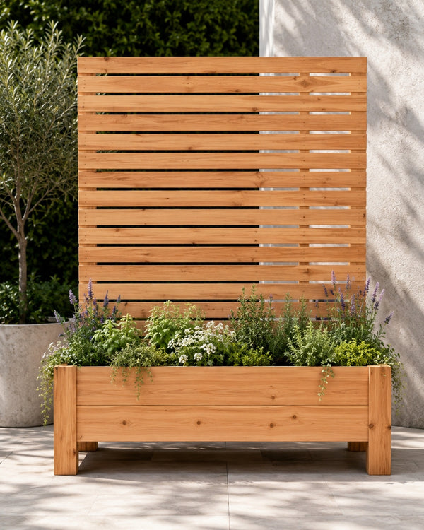Cedar privacy planter box with trellis — staged hero