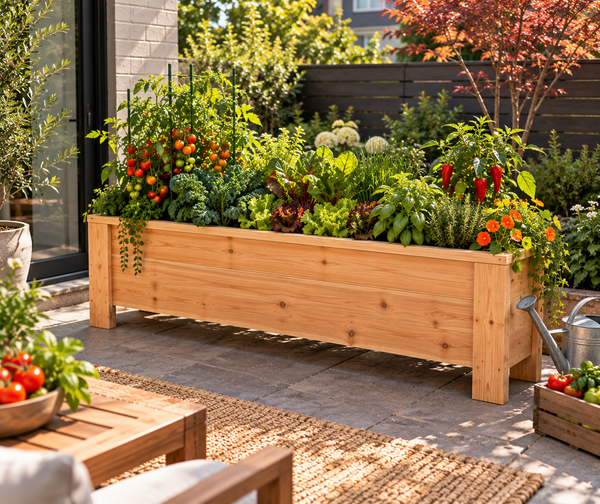 Slim cedar balcony planter filled with vegetables and herbs