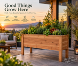 Elevated cedar garden bed with Good Things Grow Here garden display