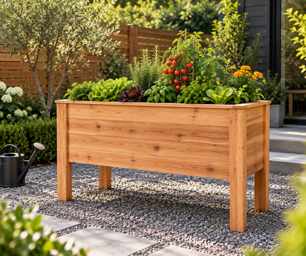 Elevated cedar garden bed filled with vegetables on a patio