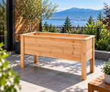 Empty elevated cedar garden bed on a balcony overlooking the mountains
