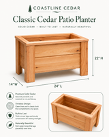 Classic Cedar Patio Planter 24″ dimensions — 24″ L × 14″ W × 22″ H