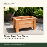 Classic Cedar Patio Planter dimensions: 24 inches long, 14 wide, 22 high