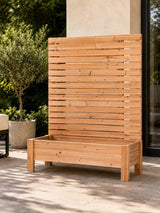 Custom cedar privacy planter box with raised garden bed and integrated cedar trellis — 60″ × 14″ × 72″