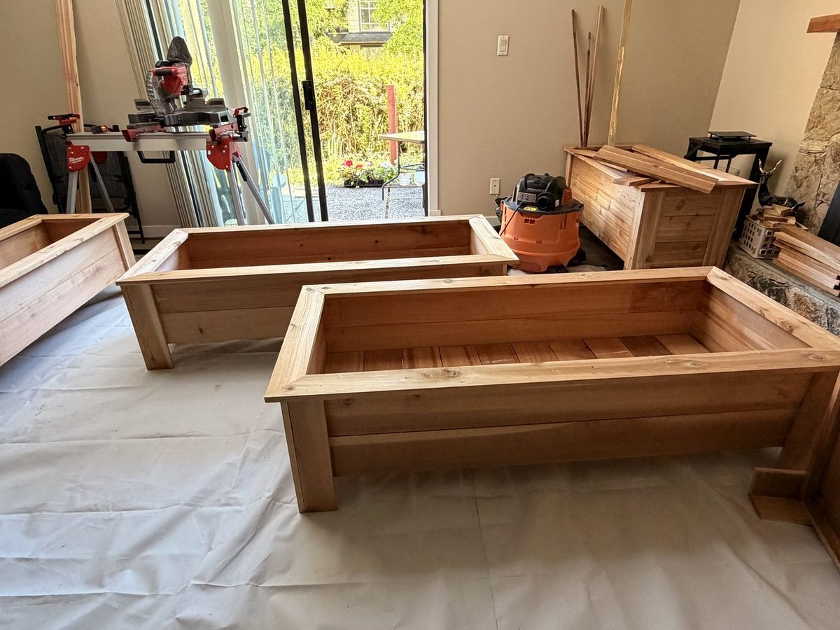 Cedar planter boxes being built in the Coastline Cedar workshop in North Vancouver