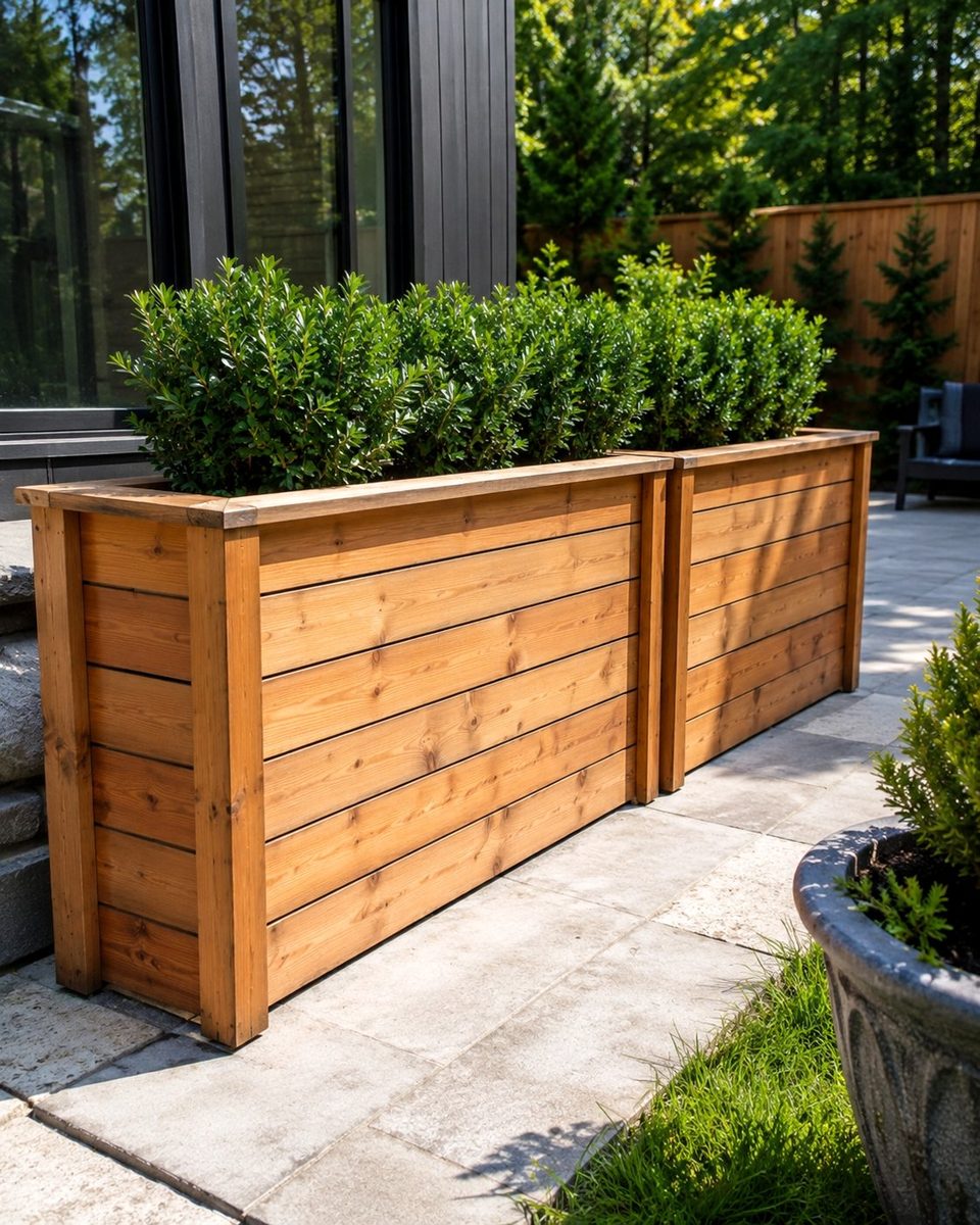 Two finished cedar planter boxes with shrubs on a stone patio