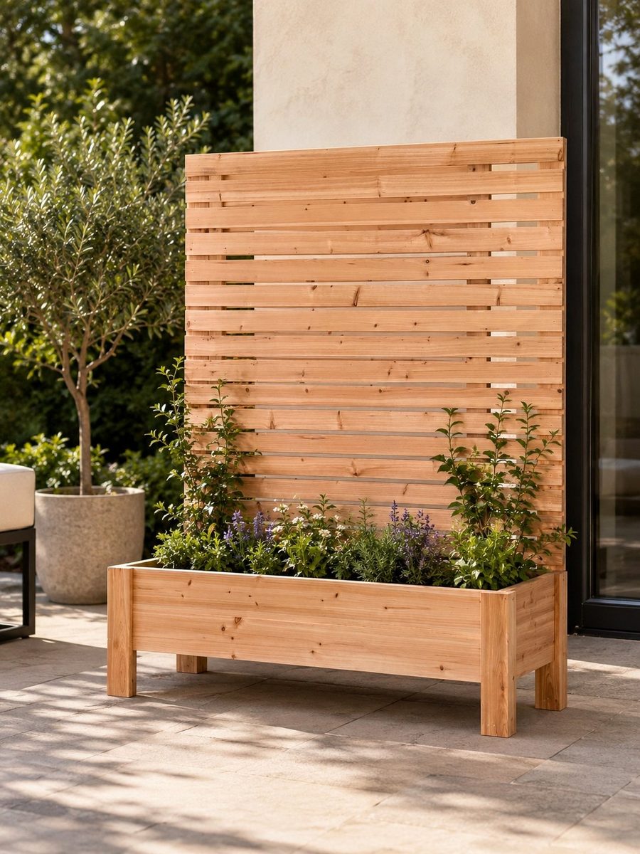 Cedar privacy planter with attached slat screen and planted greenery