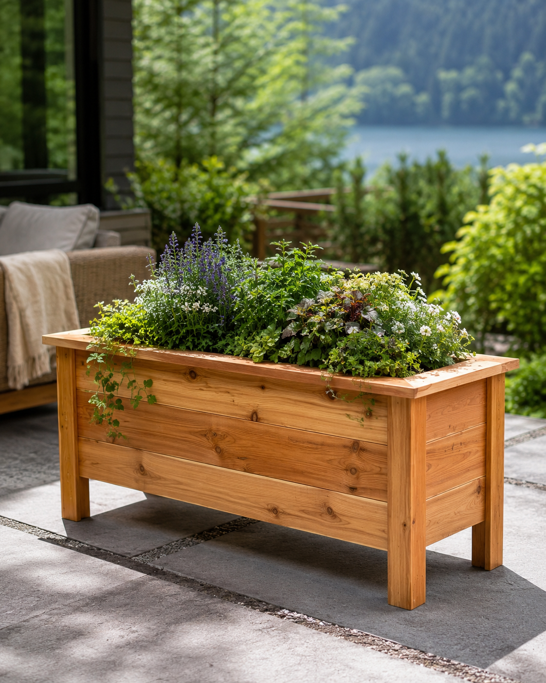 Hand-built Western Red Cedar planter box with greenery on a patio