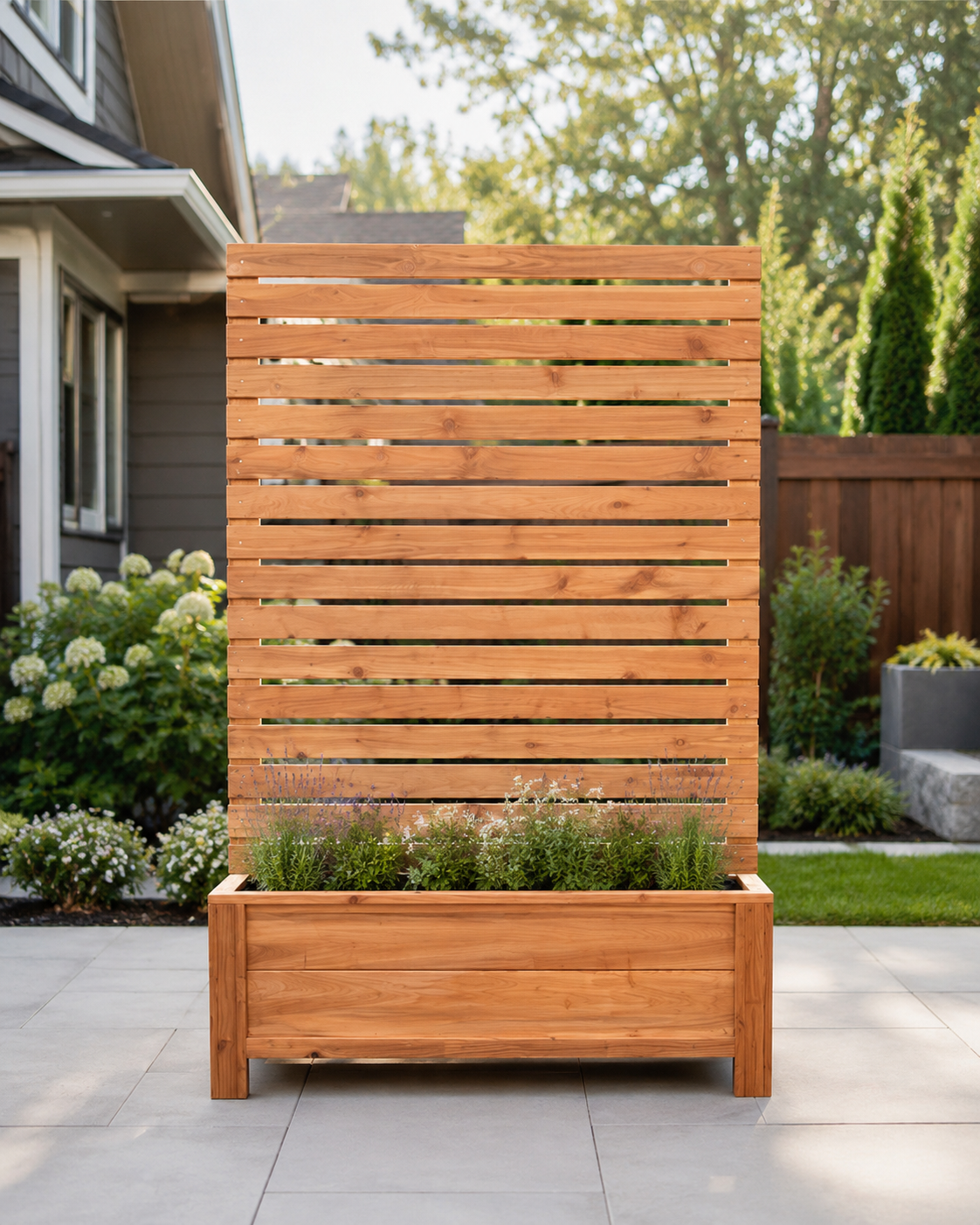 Tall cedar privacy planter with vertical trellis on a patio