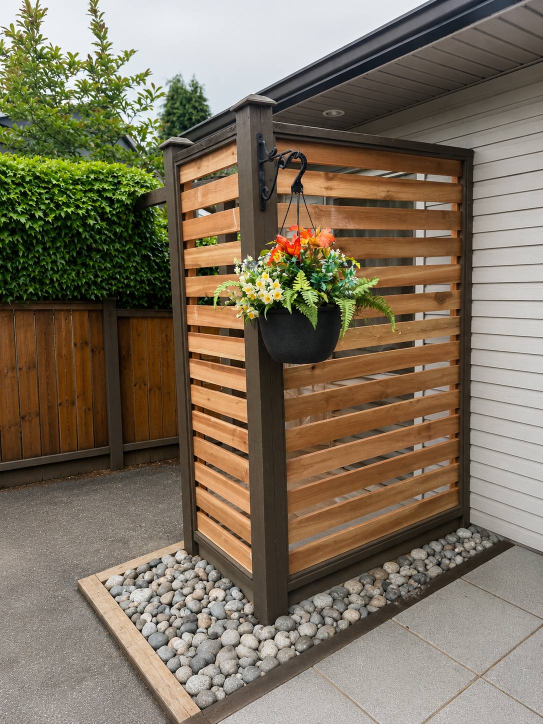 Hand-built cedar slat privacy screen installed on a backyard deck in Vancouver